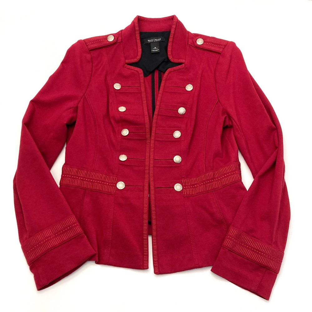 White House Black Market Red Ponte Military Style Jacket Gold Buttons Womens 10
